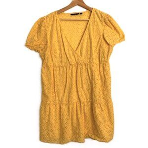 KIABI Women's Babydoll Eyelet Dress Yellow Midi Size 14 Cotton